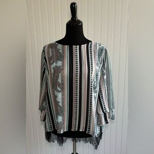 Chico’s 3 Tiered Sleeve Popover Paisley Stripe Print Top Womens Size Large Lace